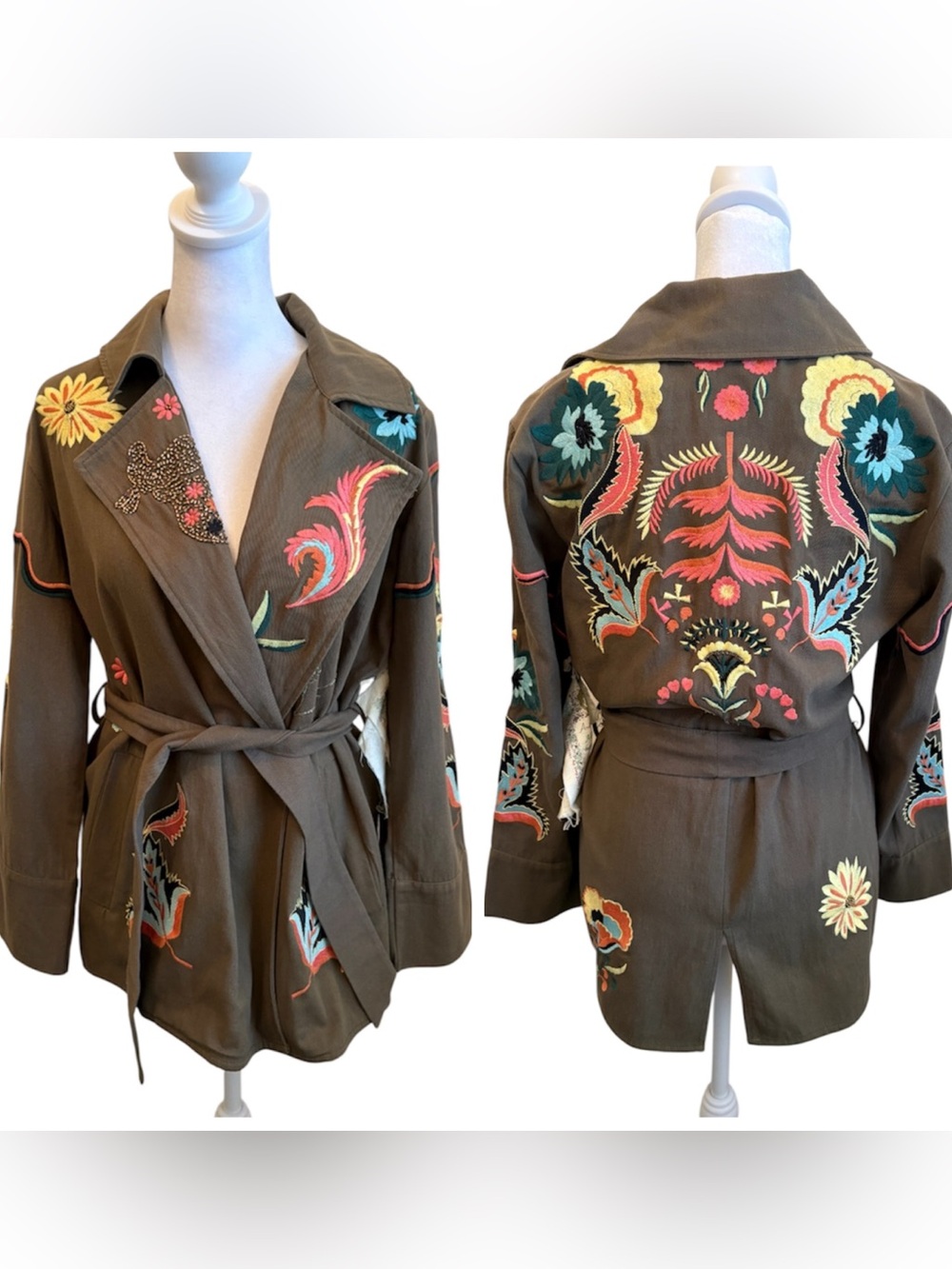 Small Aratta Silent Journey Olive Green Belted Floral Beaded Embroidered Jacke